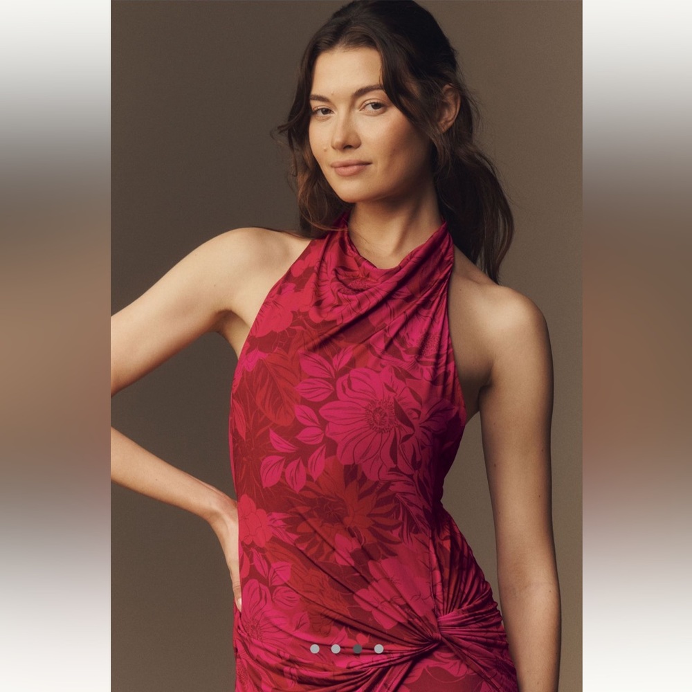 KATIE MAY Leyla Halter Open-Back Knotted Jersey Dress, Moody Fuchsia Garden, Med